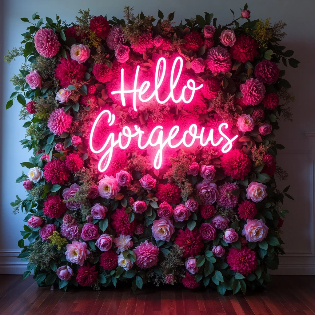 Hello Gorgeous flower wall backdrop