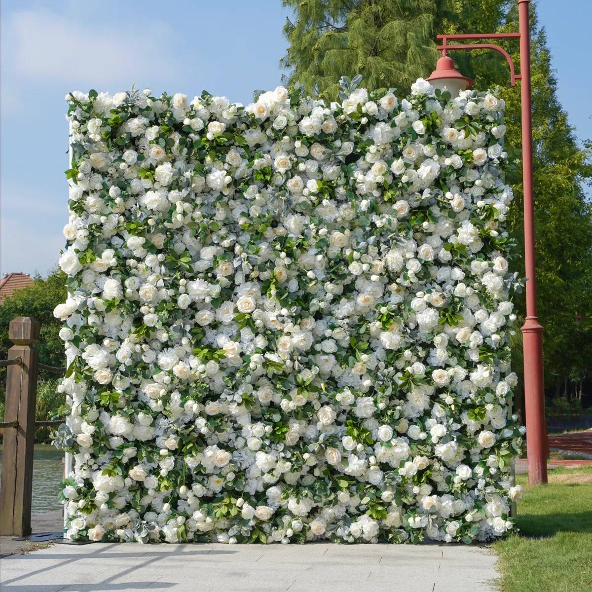 White and greenery flower wall